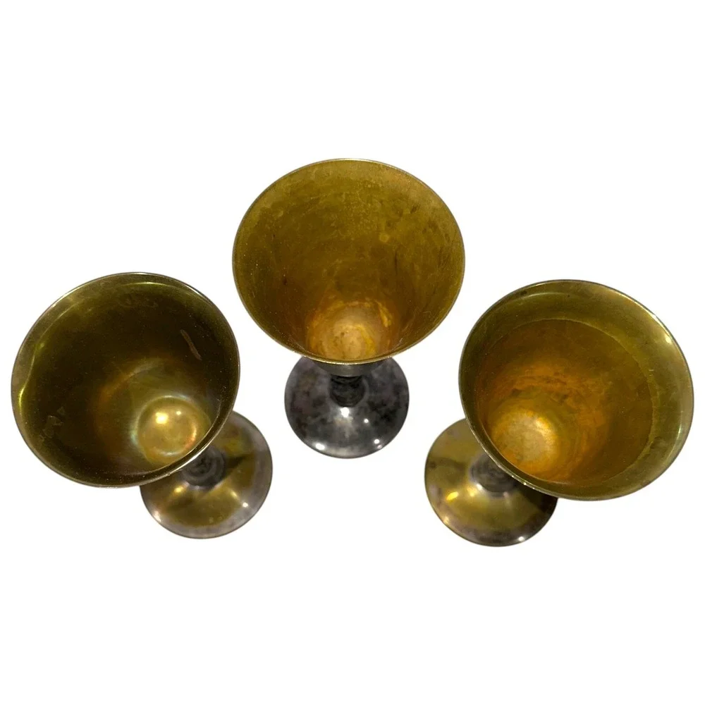 3 Vintage Brass Silver‎ Plate Goblets Made In Spain